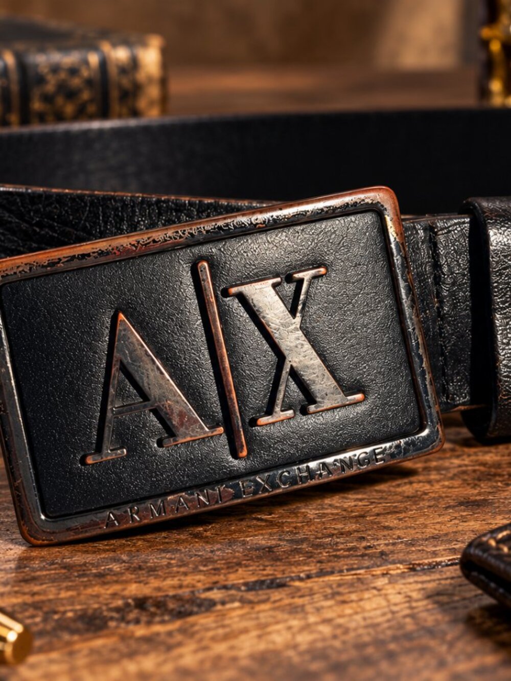 Armani Exchange A|X Black Leather Belt Men’s Approx. 48” Vintage Logo Buckle
